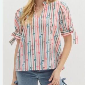 Entro Pink Blue and Green bow print Striped Blouse